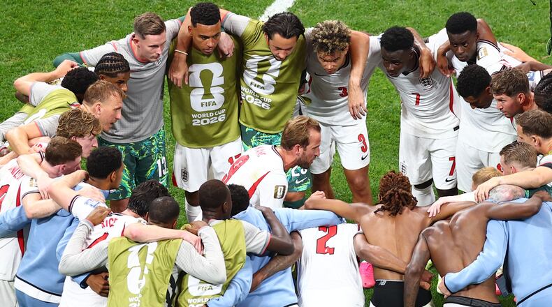 England players huddles after the World Cup round of 32 soccer match between England and Congo in Atlanta, Wednesday, July 1, 2026. (AP Photo/Colin Hubbard)