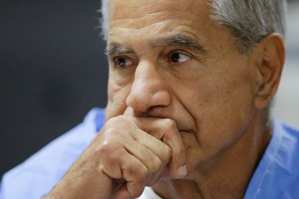 FILE - Sirhan Sirhan reacts during a parole hearing on Feb. 10, 2016, at the Richard J. Donovan Correctional Facility in San Diego. (AP Photo/Gregory Bull, Pool, File)
