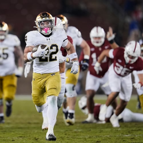 Notre Dame running back Aneyas Williams (22) runs for a touchdown during the second half of an NCAA college football game against Stanford, Saturday, Nov. 29, 2025, in Stanford, Calif. (AP Photo/Godofredo A. Vásquez)