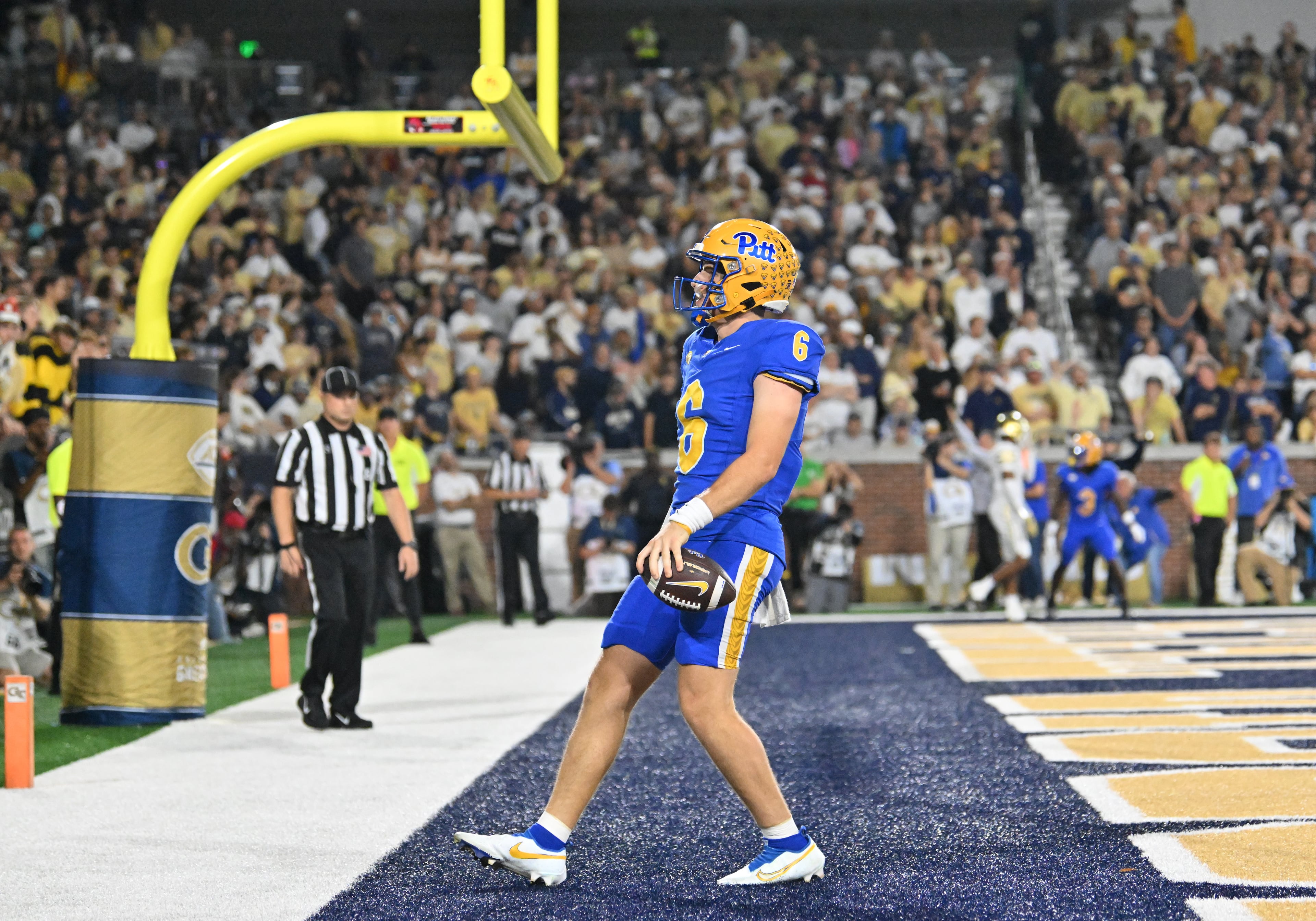 Pittsburgh quarterback Mason Heintschel (6) scores a touchdown during the first half in an NCAA college football game at Bobby Dodd Stadium, Saturday, November 22, 2025 in Atlanta. (Hyosub Shin / AJC)