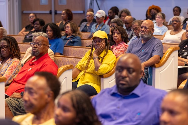 Attendees listen during a South Fulton City Council feedback session about the millage rate cap at The Enon Church in South Fulton on Wednesday, Sept. 3, 2025. (Arvin Temkar/AJC)