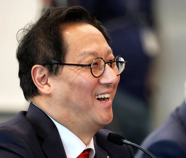 University of Florida president-elect Santa Ono laughs while answering a question during a meeting of the Florida Board of Governors to vote on Ono becoming Florida's 14th president at the University of Central Florida's downtown campus in Orlando, Fla., Tuesday, June 3, 2025. (Joe Burbank/Orlando Sentinel via AP)