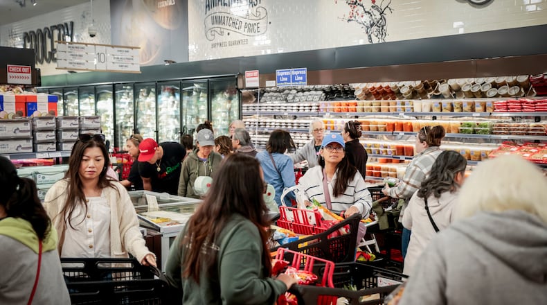 Shoppers navigate packed aisles in the new H Mart, in Dublin, Calif., Thursday, March 26, 2026. (Brontë Wittpenn/San Francisco Chronicle via AP)