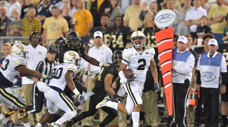 Georgia Tech wide receiver Ricky Jeune (2) runs with the ball in the second half of an NCAA college football game at Bobby Dodd Stadium on Saturday, October 21, 2017. Georgia Tech beat Wake Forest 38-24. HYOSUB SHIN / HSHIN@AJC.COM