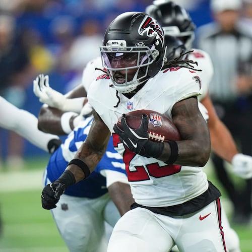 Falcons running back Tyler Goodson runs for a touchdown against the Indianapolis Colts during the first half of an NFL football game in Indianapolis, Saturday, Aug. 22, 2026. (AJ Mast/AP)