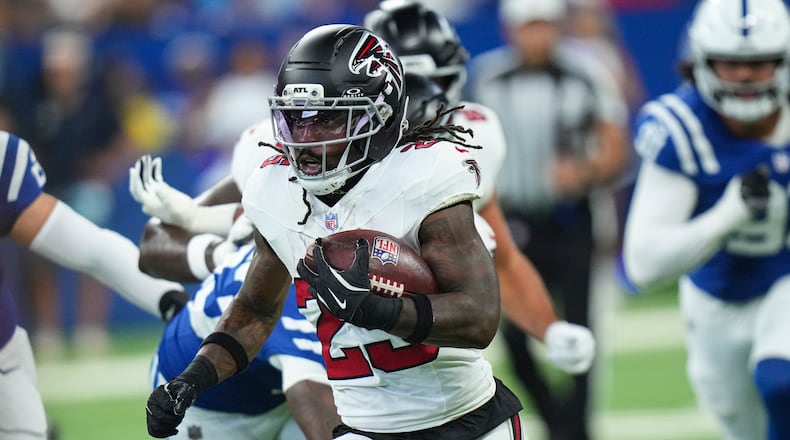 Falcons running back Tyler Goodson runs for a touchdown against the Indianapolis Colts during the first half of an NFL football game in Indianapolis, Saturday, Aug. 22, 2026. (AJ Mast/AP)