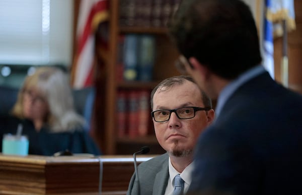 Digital forensics analyst Shanon Burgess is grilled by defense attorney Robert Alessi over errors in his CV and LinkedIn profile during the retrial of Karen Read in the Norfolk Superior Court, Monday, May 19, 2025, in Dedham, Mass. (Pat Greenhouse/The Boston Globe via AP, Pool)