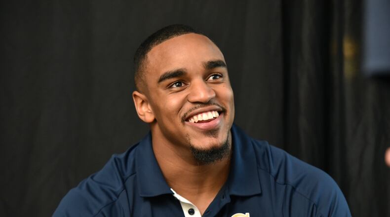 Georgia Tech defensive lineman Anree Saint-Amour is happy to talk football, as here during the team's media day. Better yet, he gets to start playing it again Saturday. (HYOSUB SHIN / HSHIN@AJC.COM)