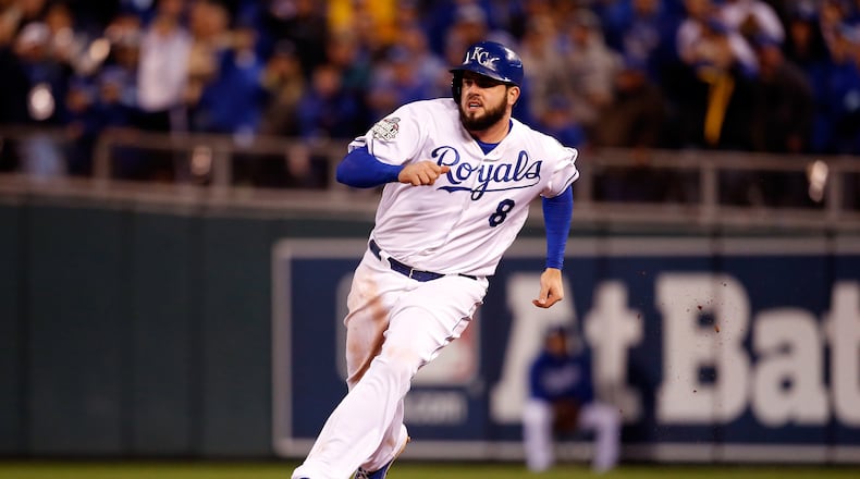 Mike Moustakas #8 of the Kansas City Royals rounds the bases in the eighth inning against the New York Mets in Game Two of the 2015 World Series at Kauffman Stadium on October 28, 2015 in Kansas City, Missouri. (Photo by Christian Petersen/Getty Images)
