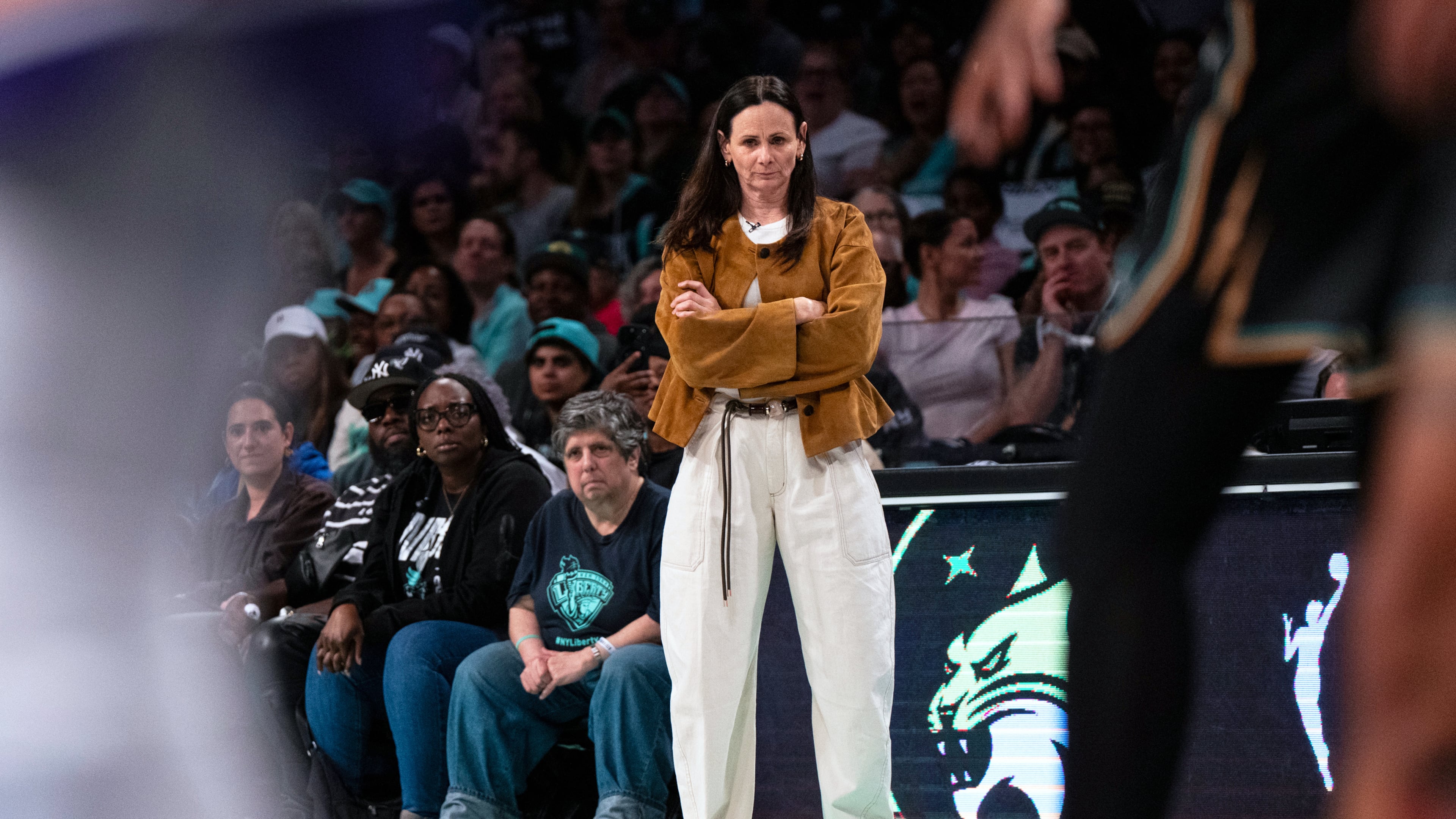 New York Liberty coach Sandy Brondello watches the first half of Game 2 in the first round of the WNBA basketball playoffs against the Phoenix Mercury, Wednesday, Sept. 17, 2025, in New York. (AP Photo/Angelina Katsanis)