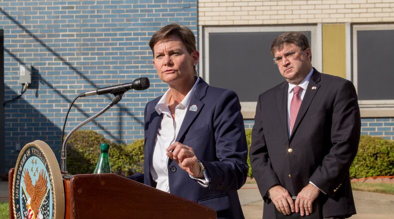 Atlanta VA Director Ann Brown makes official remarks after touring the facility in Decatur on Clairmont Road on Friday, Sept 4, 2020.  (Jenni Girtman for The Atlanta Journal-Constitution)
