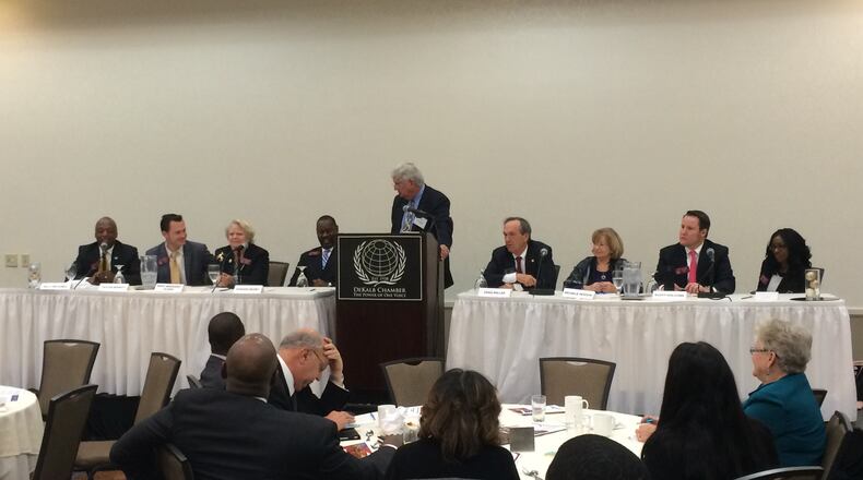 A panel of eight state legislators representing DeKalb County spoke during a forum with business leaders Thursday moderated by Paul Crawley, center, who retired from WXIA-TV last year. From left: Rep. Billy Mitchell, D-Stone Mountain; Rep. Taylor Bennett, D-Brookhaven; Rep. Mary Margaret Oliver, D-Decatur; Rep. Howard Mosby, D-Atlanta; Sen. Fran Millar, R-Atlanta, Rep. Michele Henson, D-Stone Mountain, Rep. Scott Holcomb, D-Atlanta; Rep. Dar’shun Kendrick, D-Lithonia. MARK NIESSE / MARK.NIESSE@AJC.COM