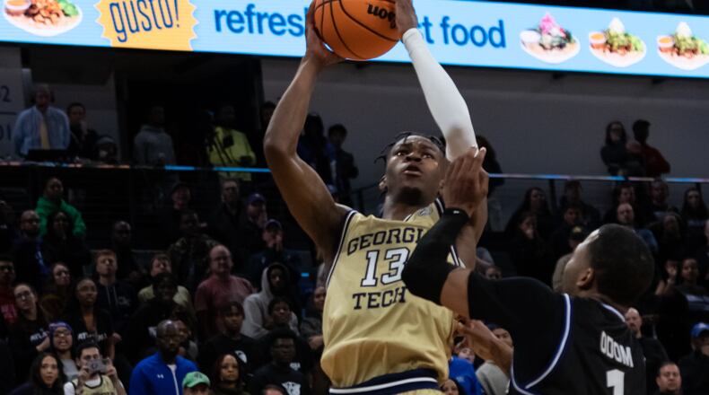 Georgia Tech's Miles Kelly goes up for the winning shot in the 59-57 win over Georgia State at the GSU Convocation Center, Nov. 12, 2022.