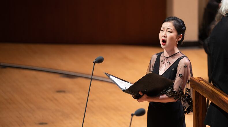 Soprano Ying Fang sings during the fifth movement of Brahms' "Ein deutsches Requiem" Thursday at Symphony Hall.
Courtesy of Rand Lines.