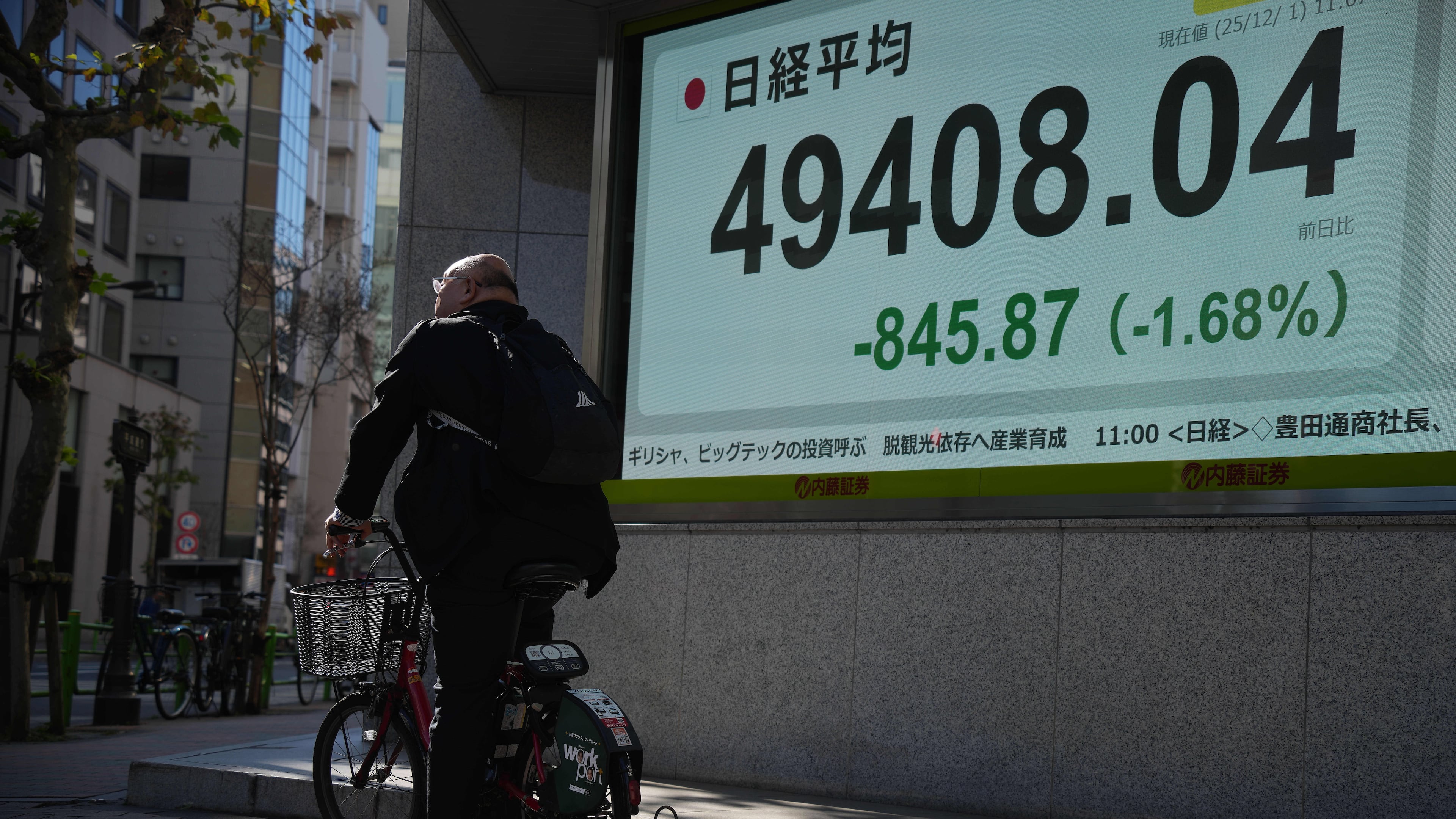 A person on a bicycle waits in front of an electronic stock board showing Japan's Nikkei index at a securities firm Monday, Dec. 1, 2025, in Tokyo. (AP Photo/Eugene Hoshiko)