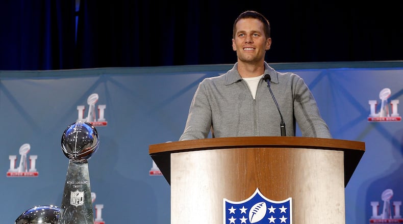 HOUSTON, TX - FEBRUARY 06: Super Bowl LI MVP Tom Brady talks with the media about their win over the Atlanta Falcons at the Super Bowl Winner and MVP press conference on February 6, 2017 in Houston, Texas. (Photo by Bob Levey/Getty Images)