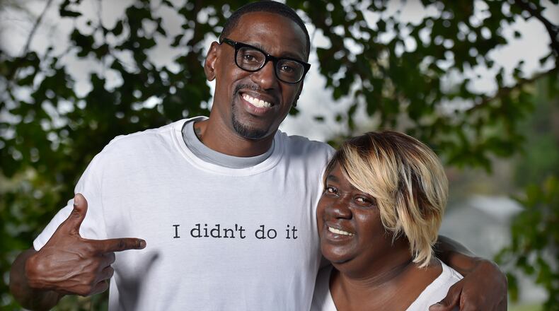 After being wrongfully imprisioned for 23 years, Lamonte McIntyre, of Kansas City, was released from Lansing Prison, who had been convicted in a double-homicide. Jim McCloskey, of Centurion Ministries, presented McIntyre with the t-shirt on October 14, 2017, a day after his release with his mother, Rosie McIntyre, right. (Rich Sugg/Kansas City Star/TNS)