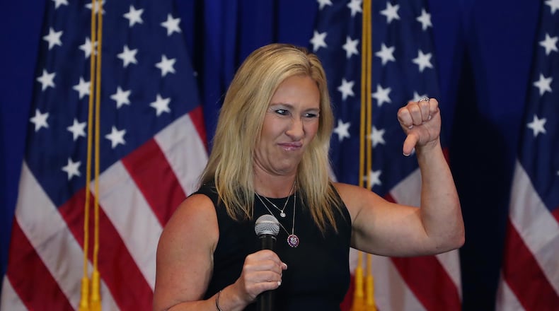 U.S. Rep. Marjorie Taylor Greene speaks at the Brownwood Hotel and Spa in The Villages, Florida, on Friday, May 7, 2021. (Stephen M. Dowell/Orlando Sentinel/TNS)