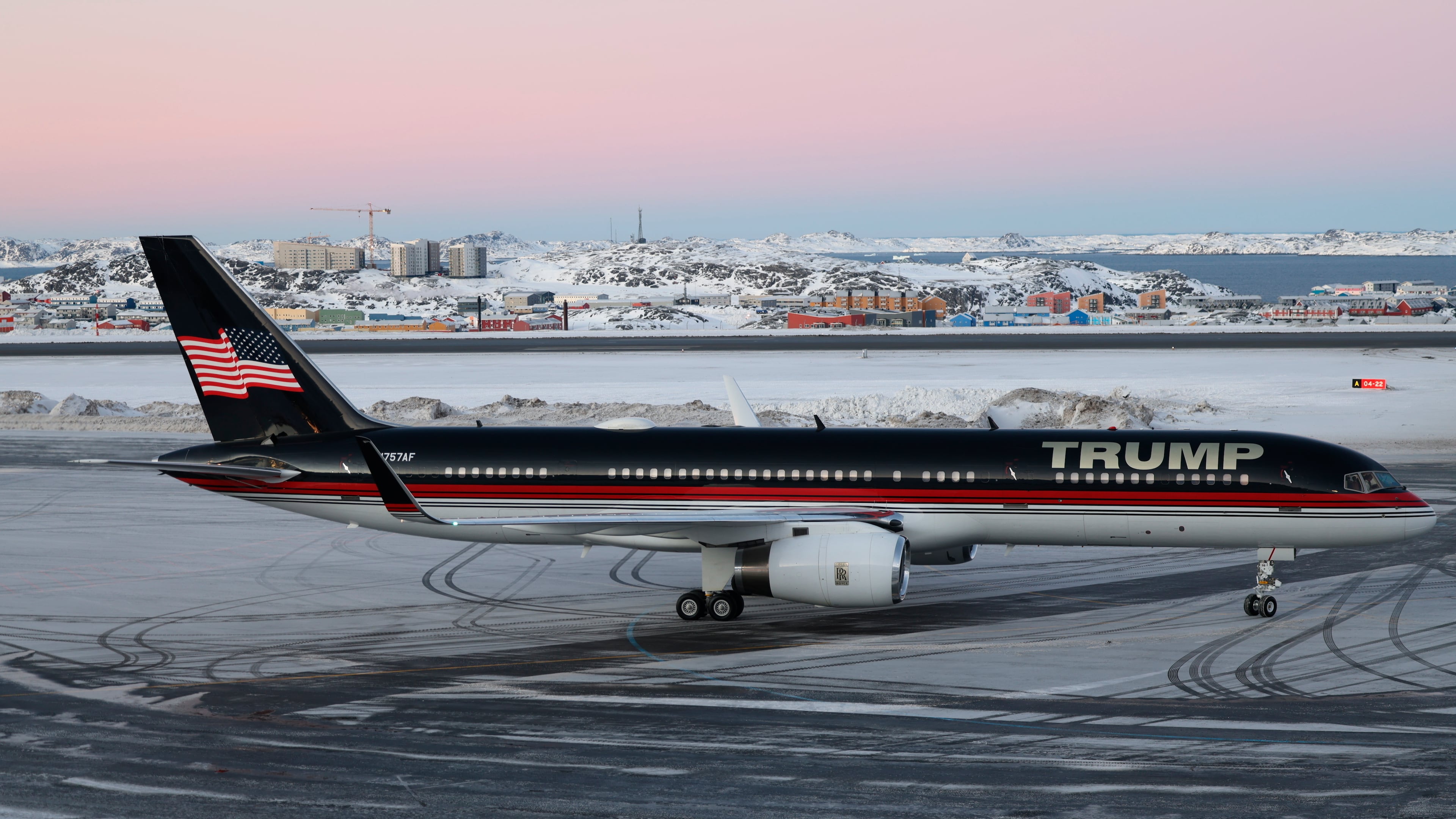 FILE - A plane carrying Donald Trump Jr. lands in Nuuk, Greenland, Tuesday, Jan. 7, 2025. (Emil Stach/Ritzau Scanpix via AP, file)