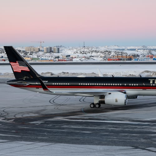 FILE - A plane carrying Donald Trump Jr. lands in Nuuk, Greenland, Tuesday, Jan. 7, 2025. (Emil Stach/Ritzau Scanpix via AP, file)