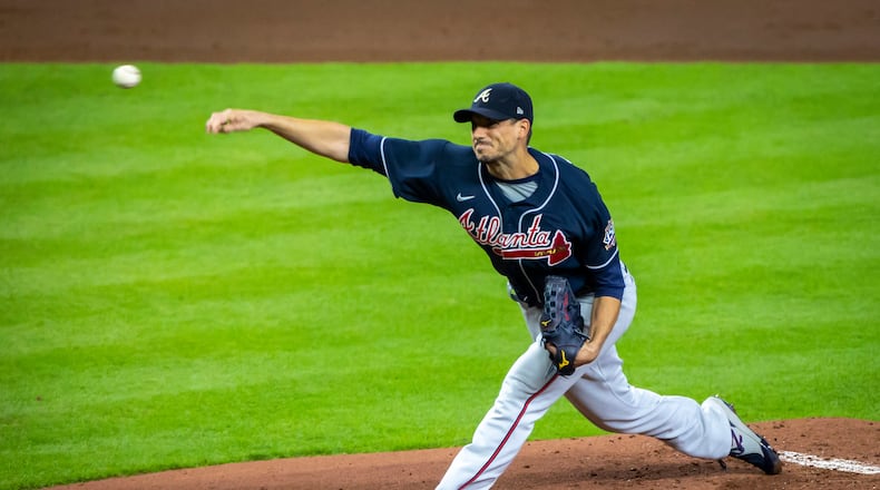 Atlanta Braves starting pitcher Charlie Morton, during Game 1 in baseball's World Series between the Houston Astros and the Braves in Houston on Tuesday, Oct. 26, 2021. (Annie Mulligan/The New York Times)