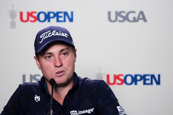 Justin Thomas talks with reporters following his practice round for the 2025 US Open golf championship at Oakmont Country Club in Oakmont, Pa., Monday, June 9, 2025. (AP Photo/Gene J. Puskar)
