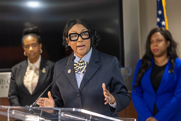 DeKalb County CEO Lorraine Cochran-Johnson speaks at a news conference at the Manuel J. Maloof building in Decatur on Thursday, April 3, 2025. (Arvin Temkar / AJC)