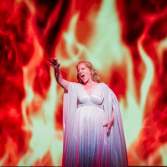 Lise Lindstrom as Brünnhilde in the Atlanta Opera's "Twilight of the Gods," a five-hour production with intermissions that completes the first fully staged “Ring” cycle in Atlanta. Performances continue Friday and Sunday. (Raftermen/Courtesy of Atlanta Opera)