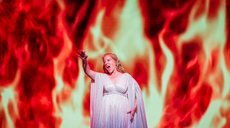 Lise Lindstrom as Brünnhilde in the Atlanta Opera's "Twilight of the Gods," a five-hour production with intermissions that completes the first fully staged “Ring” cycle in Atlanta. Performances continue Friday and Sunday. (Raftermen/Courtesy of Atlanta Opera)