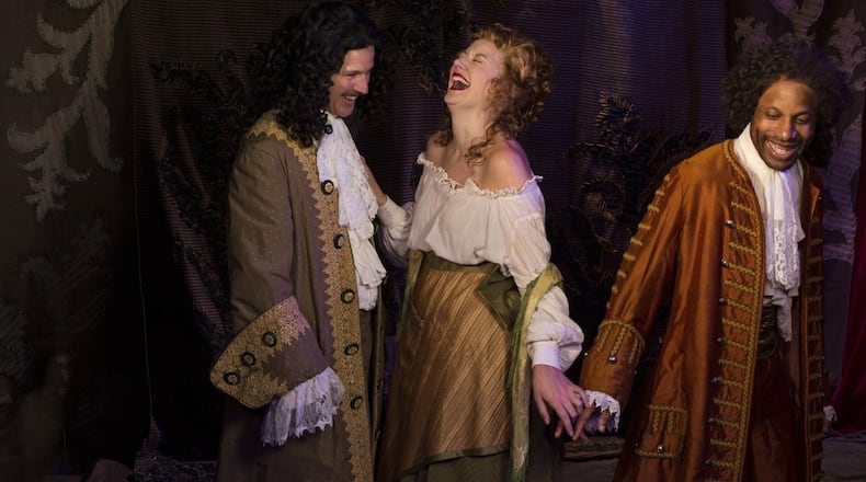 The cast of Synchronicity’s comedy “Nell Gwynn” features Rob Shaw-Smith (from left), Courtney Moors and Eugene H. Russell IV. CONTRIBUTED BY JERRY SIEGEL