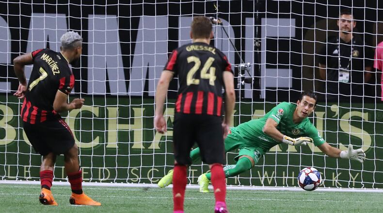 August 14, 2019 Atlanta: Atlanta United forward Josef Martinez has his penalty kick blocked by Club America goalkeeper Oscar Jimenez as Julian Gressel looks on during the first half in the Campeones Cup on Wednesday, August 14, 2019, in Atlanta. Curtis Compton/ccompton@ajc.com