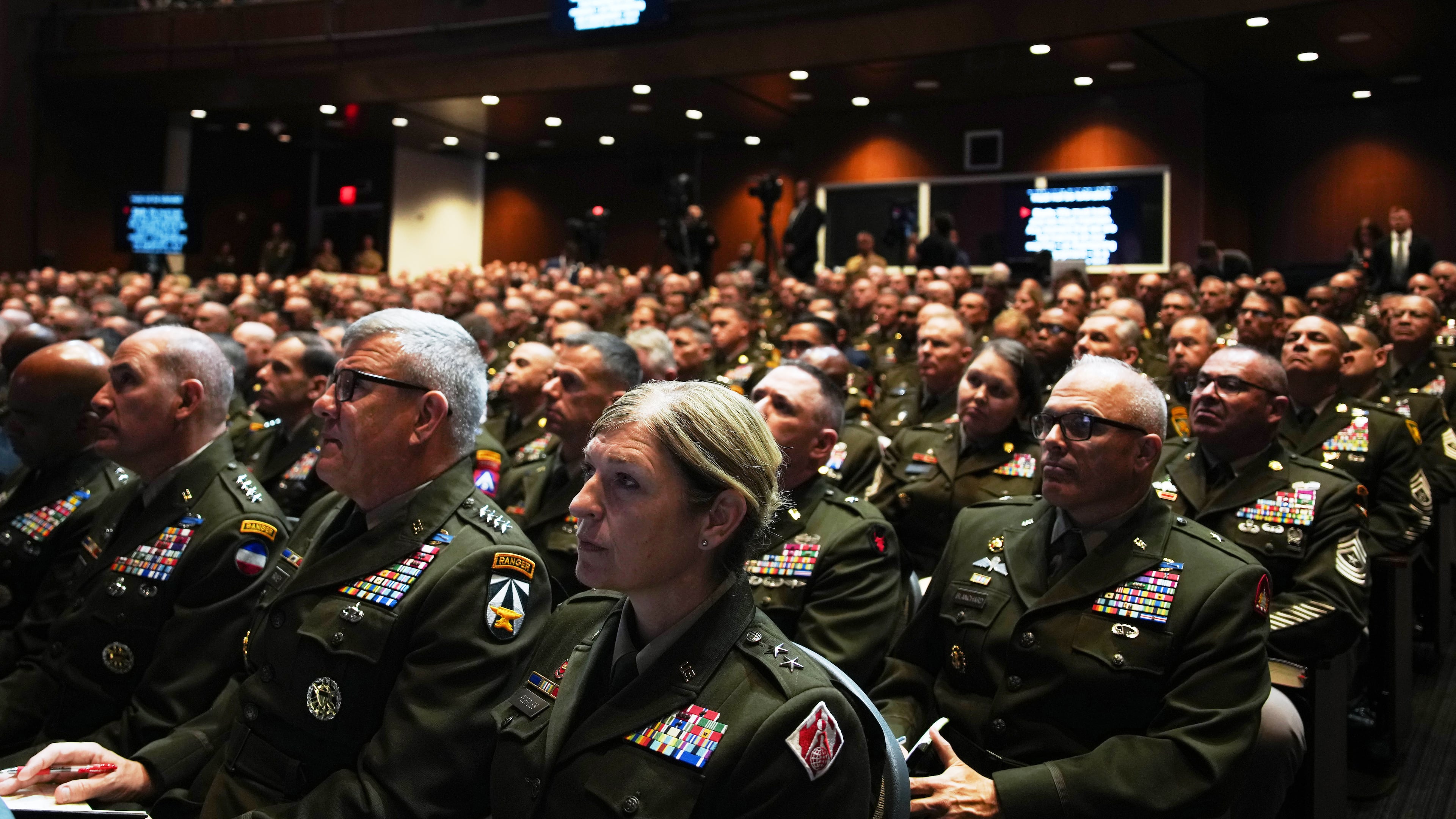 U.S. military senior leadership listen as President Donald Trump speaks at Marine Corps Base Quantico, Tuesday, Sept. 30, 2025 in Quantico, Va. (Andrew Harnik/Pool via AP)