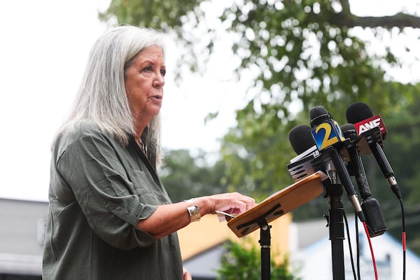 Former Roswell Mayor and City Council member Lori Henry speaks at a press conference in downtown Roswell on Wednesday, Aug. 6, 2025. A large group of former elected leaders in Roswell are calling out the current mayor and city council, demanding leadership, accountability and transparency on several issues. (Abbey Cutrer / AJC)