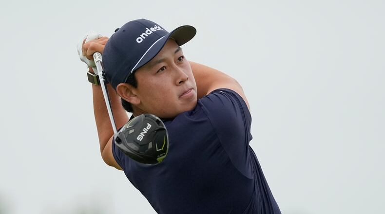 Dylan Wu watches his tee shot on the 13th hole during the first round of the U.S. Open golf tournament at Shinnecock Hills Golf Club in Southampton, N.Y., Thursday, June 18, 2026.(AP Photo/George Walker IV)