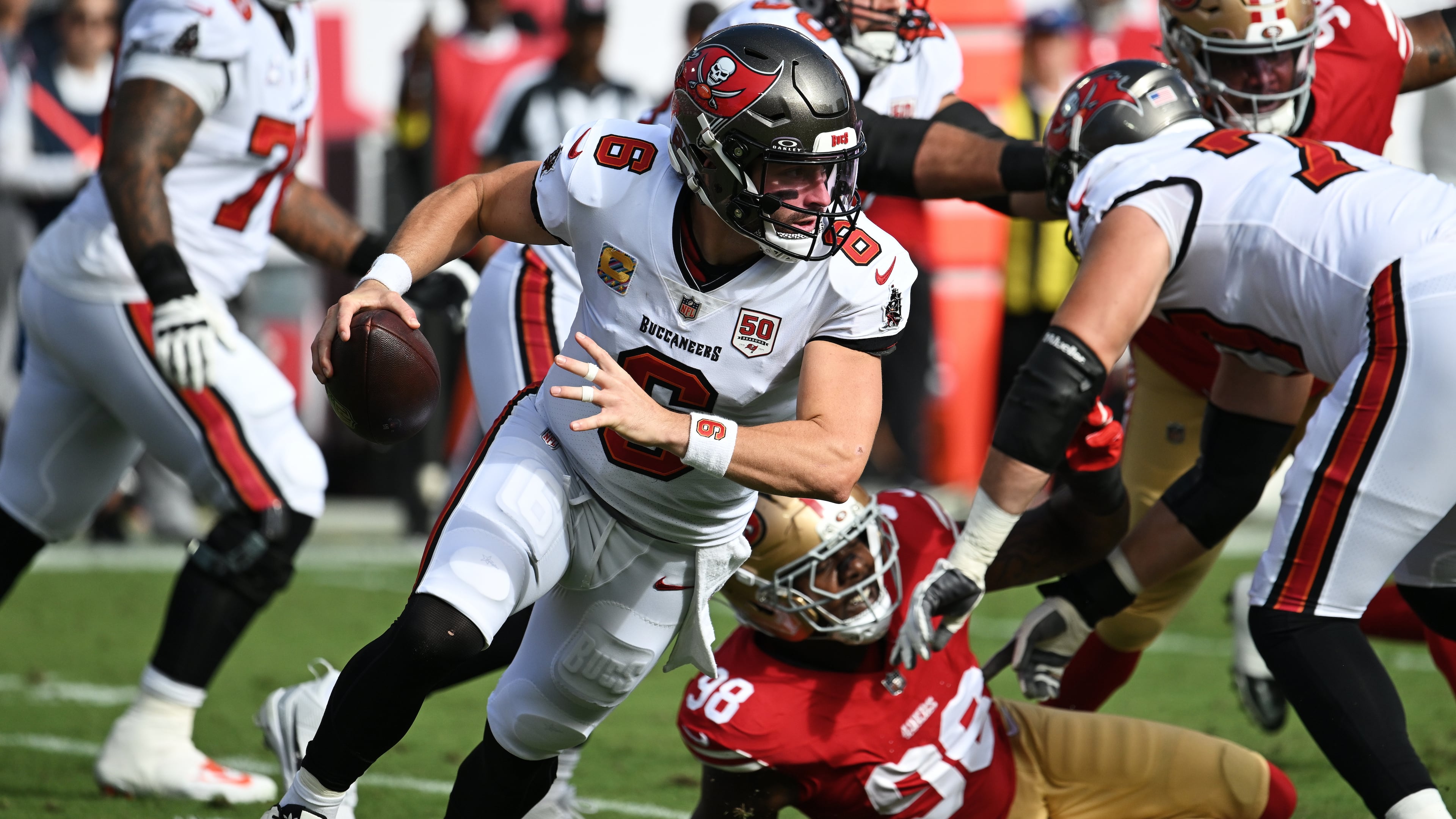 Tampa Bay Buccaneers quarterback Baker Mayfield has played at an elite level through the first six games, and he's in the early MVP conversation. (Jason Behnken/AP)
