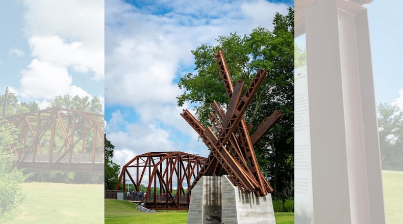 Duluth recently held a ribbon cutting ceremony to celebrate the opening of the Rogers Bridge over the Chattahoochee River and the unveiling of the city's latest public art piece made from steel salvaged from the original bridge. (Courtesy City of Duluth)