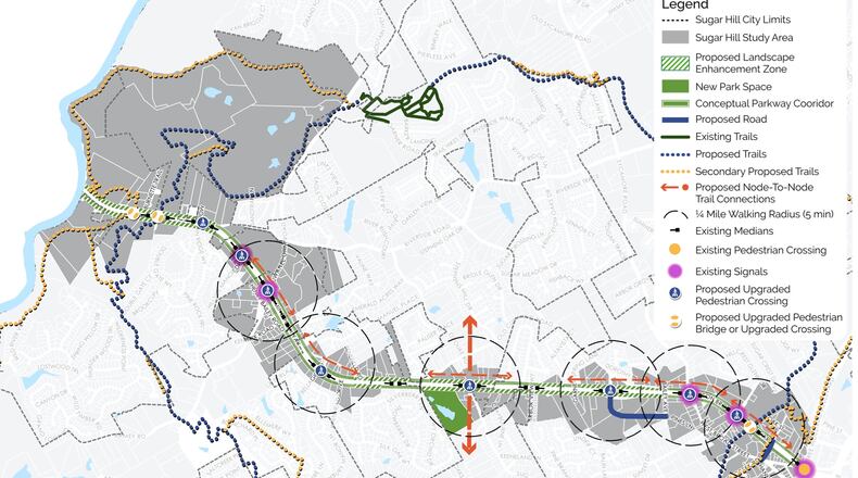 The Sugar Hill Highway 20 Urban Design map shows the areas the city is studying for future development. (Courtesy City of Sugar Hill)