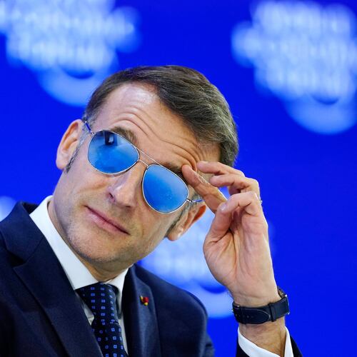 French President Emmanuel Macron is seen during the Annual Meeting of the World Economic Forum in Davos, Switzerland, Tuesday, Jan. 20, 2026. (AP Photo/Markus Schreiber)