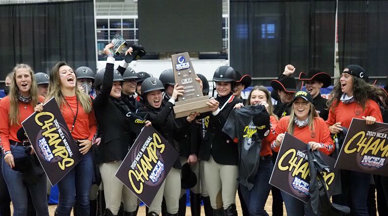 Members of Georgia's 2021 equestrian team celebrate the program's seventh national championship. Coach Megan Boenig's Bulldogs secured in the finals against SMU Saturday night in Waco, Texas (Photo by UGA Athletics)