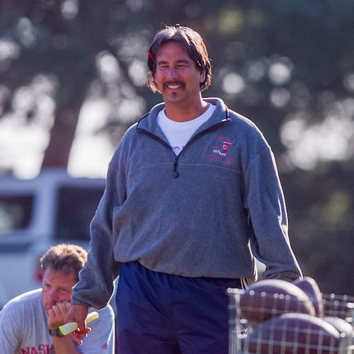 Coach John Beam during football practice at Skyline High School in Oakland, Calif., on Oct. 5, 2000. (Kendra Luck/San Francisco Chronicle via AP)