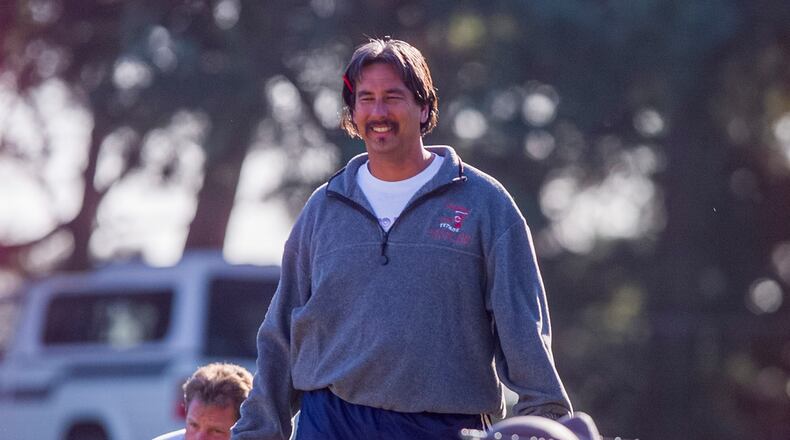 Coach John Beam during football practice at Skyline High School in Oakland, Calif., on Oct. 5, 2000. (Kendra Luck/San Francisco Chronicle via AP)