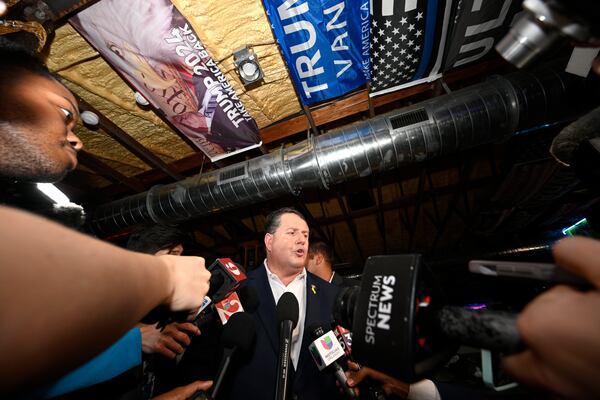 Republican candidate Randy Fine meets with reporters after winning the special election for U.S. House District 6, Tuesday, April 1, 2025, in Ormond Beach, Fla. (AP Photo/Phelan M. Ebenhack)