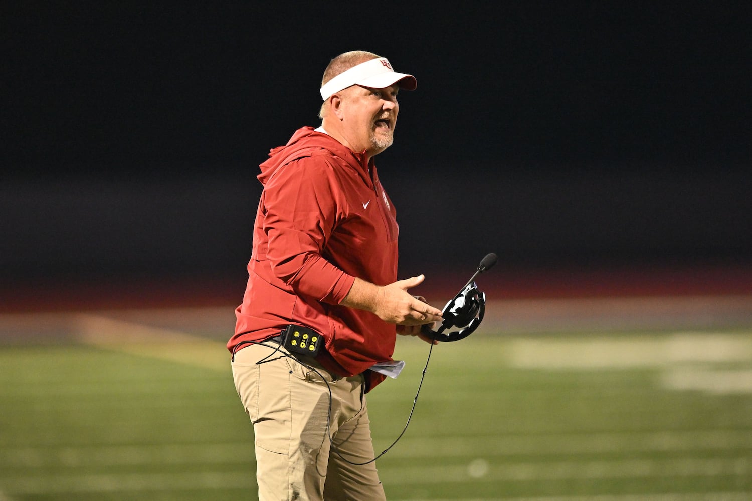 Hebron head coach Kenny Dallas reacts to a referee’s call during the first half of play Friday, Sept. 26, 2025, at Hebron Christian Academy. (Daniel Varnado for the AJC)