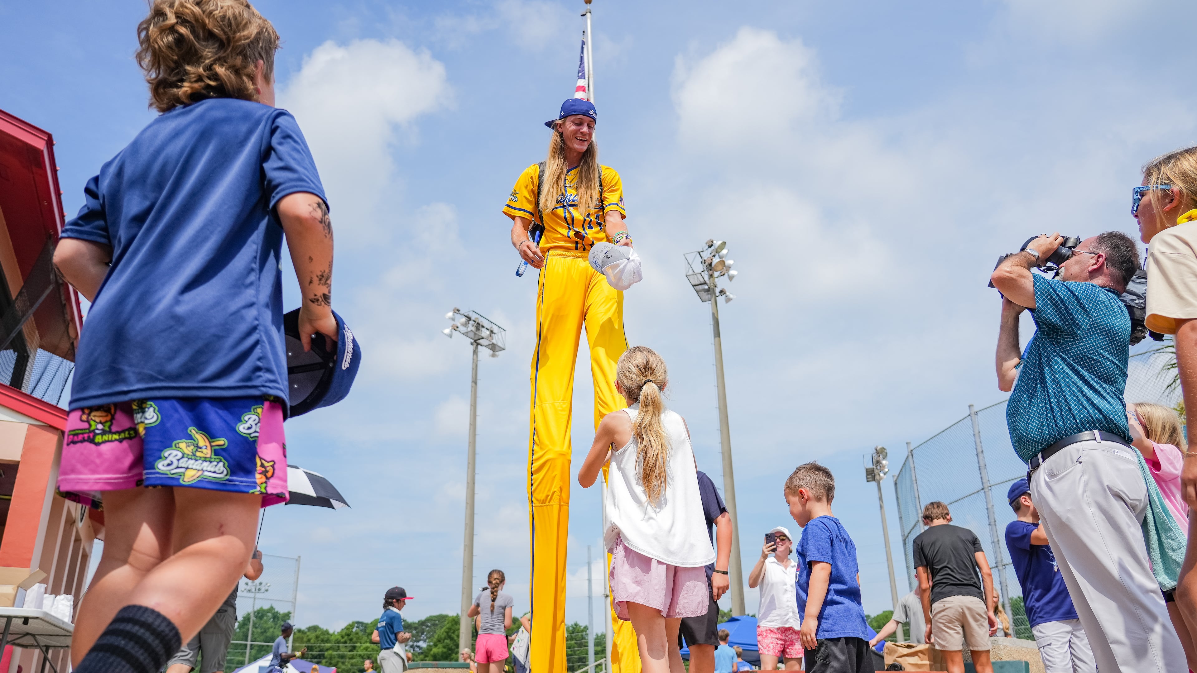 Savannah Bananas baseball pitcher Dakota "Stilts" Albritton makes the rounds ahead of the team's second annual Banana Ball Youth Tournament on Wednesday, July 9, 2025 in Savannah. (Anna Rouch/Fans First Entertainment)