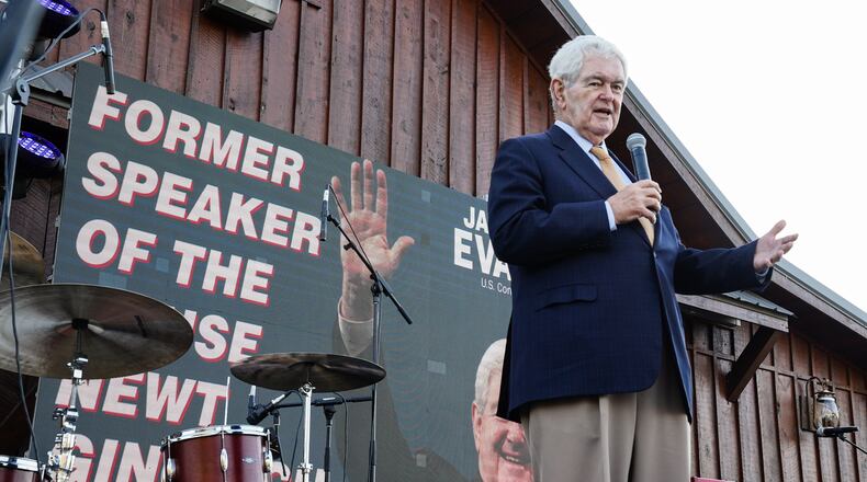 Former Republican Speaker of the House Newt Gingrich speaks at a campaign event for Republican House candidate Jake Evans, on Thursday, March 31, 2022, in Cumming, Ga. (Elijah Nouvelage/Special to the Atlanta Journal-Constitution)