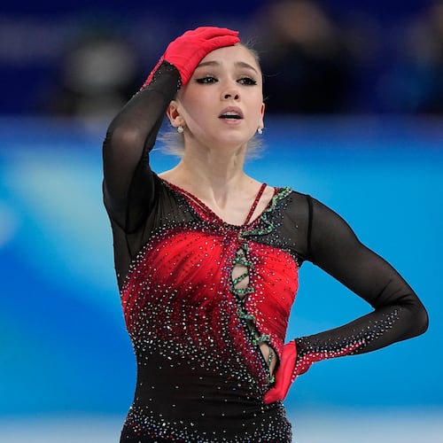 FILE - Kamila Valieva, of the Russian Olympic Committee, reacts in the women's team free skate program during the figure skating competition at the 2022 Winter Olympics, Monday, Feb. 7, 2022, in Beijing. (AP Photo/David J. Phillip, File)