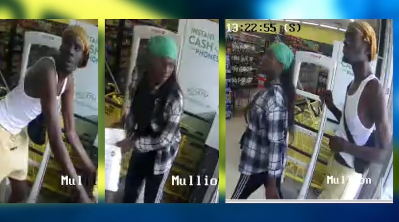 Two men, one of whom was wearing a long, black wig, are accused of attacking an employee with bear spray at a Dollar General in southwest Atlanta when he tried to stop them from robbing the store, police said.