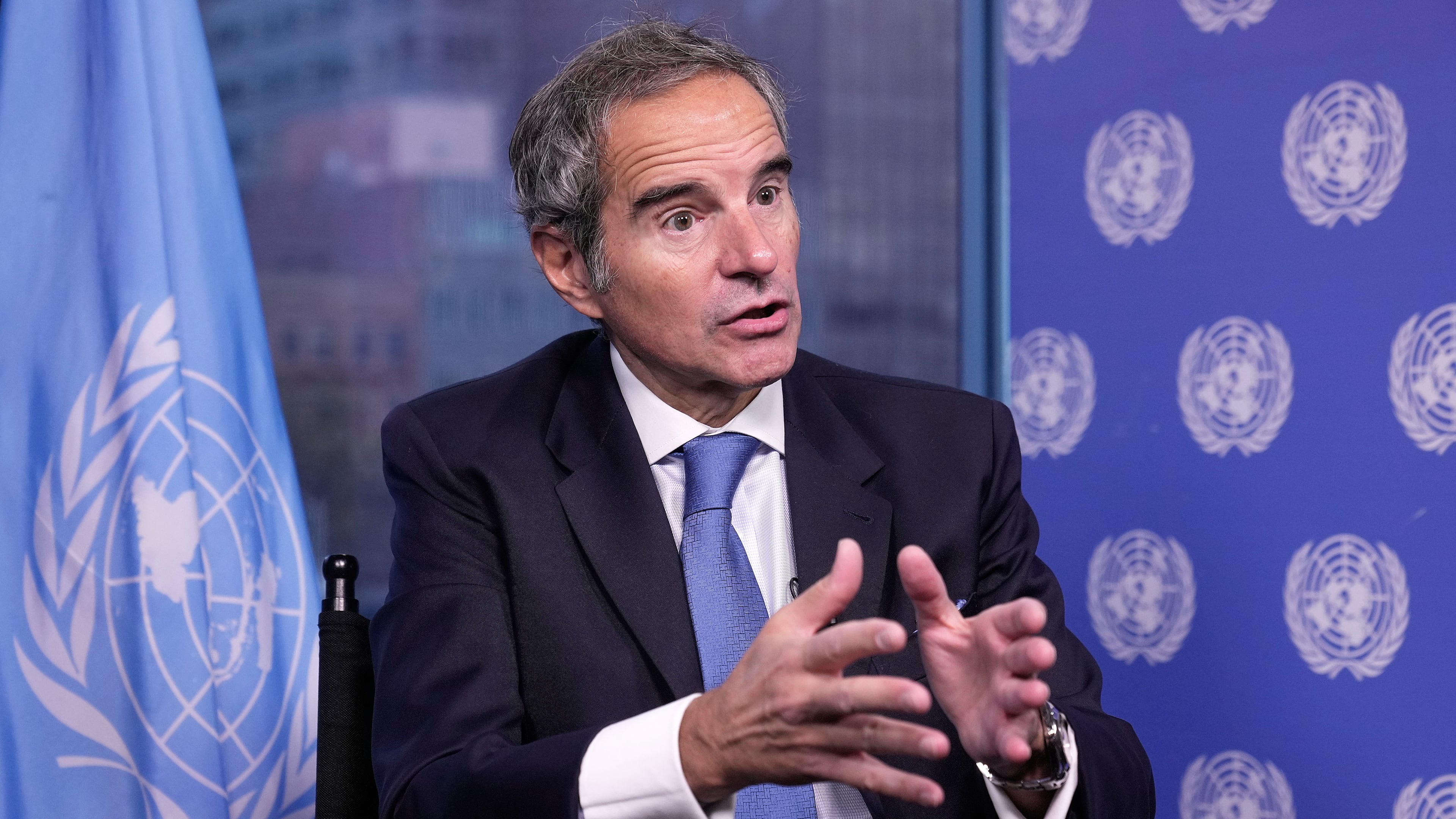 International Atomic Energy Agency Director General Rafael Grossi is interviewed at United Nations headquarters, Wednesday, Oct., 29, 2025. (AP Photo/Richard Drew)