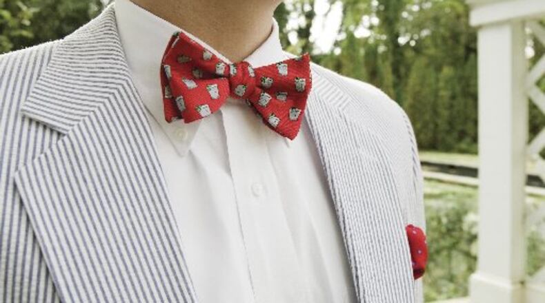 Southern Proper, the Atlanta-based haberdashery started by Emilie Henderson Howard and Reagan Hardy Howell offer this collection of silk ties that are colorful and come in bold prints that work well on a small space. This is its mint julep "beau tie."