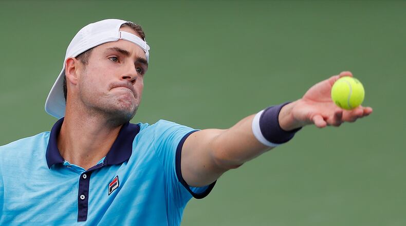 John Isner serves to Lukas Lacko of Slovakia during the BB&T Atlanta Open at Atlantic Station on July 28, 2017 in Atlanta, Georgia. (Photo by Kevin C. Cox/Getty Images)